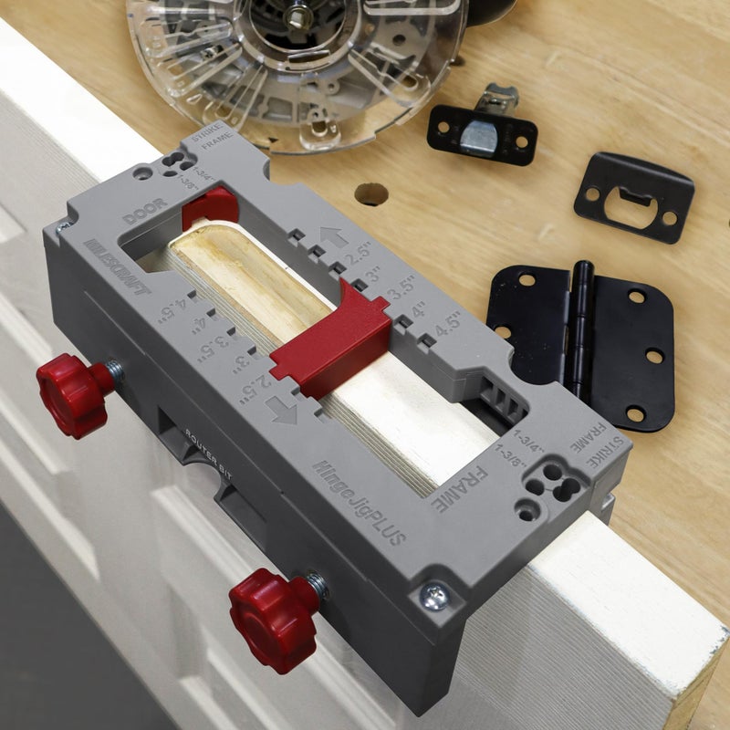 Milescraft 1229 Hinge Jig PLUS - Dual Clamping Door Hinge Jig Door Hinge Mortiser. Complete Hinge Installation Kit Rout Mortises from 2.5  to 4.5 . Strike and Latch Plates Included for Standard Doors - Image 5